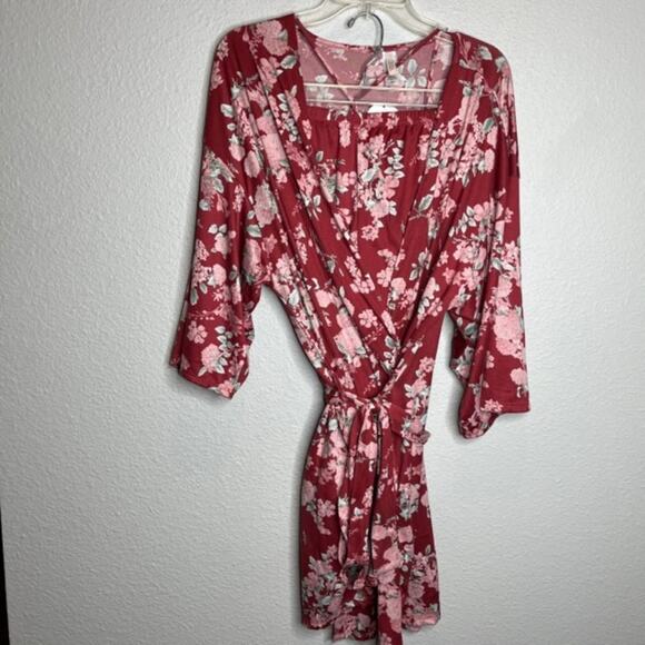 Flora Nikrooz Jacqueline Travel Set Sz L Brick Floral 3 Pc Robe Cami Shorts NEW - Picture 6 of 15